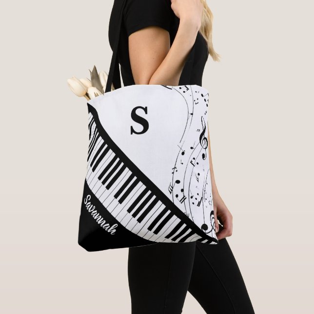 Bolso De Tela Modern Piano Music Notes Monograma Nombre blanco n (Detalle)