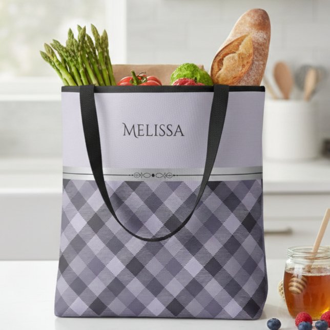 Bolso De Tela Modern Purple Plaid Boutique Style Tote Bag (Elevating the everyday tote bag with a little lavender magic)