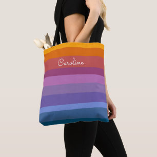 Bolso De Tela Modern Rainbow Stripes Nombre personalizado en Scr