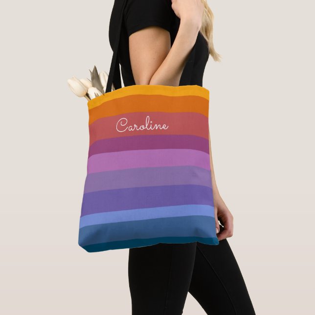 Bolso De Tela Modern Rainbow Stripes Nombre personalizado en Scr (Detalle)