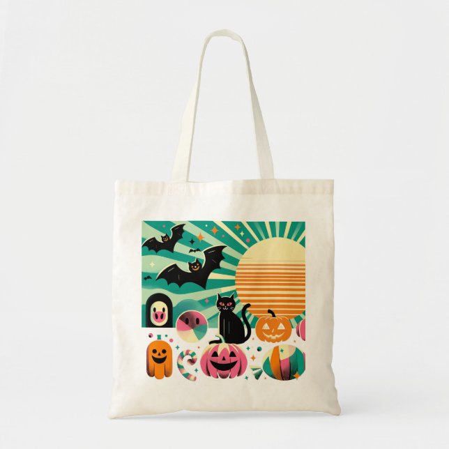 Bolso De Tela Modern Retro Wave Halloween Collage Black Cat Bats (Frente)