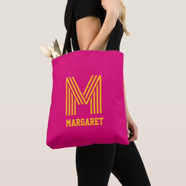 Bolso De Tela Modern stylish fuchsia &yellow monogram name Tote (Detalle)