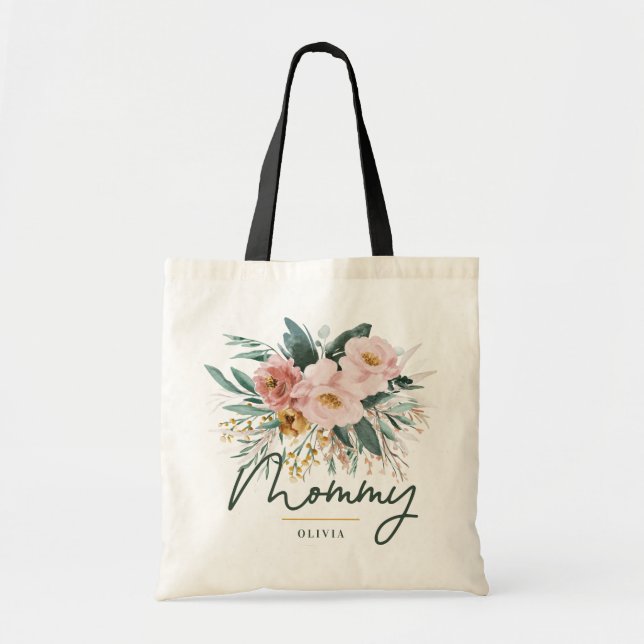 Bolso De Tela Moderna acuarela escritura floral mami elegante (Frente)