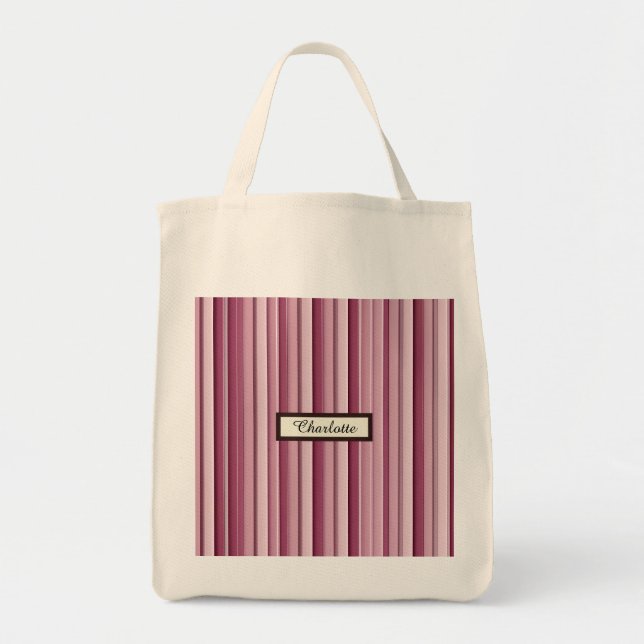 Bolso De Tela Moderna Grocería personalizada con rayas rosadas (Frente)