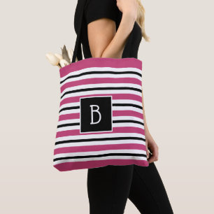 Bolso De Tela Moderna Monograma de Rayas Rosadas, Negras y Blanc