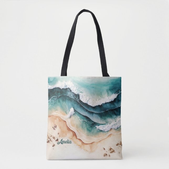 Bolso De Tela Modernas olas de playa con arena costera (Anverso)