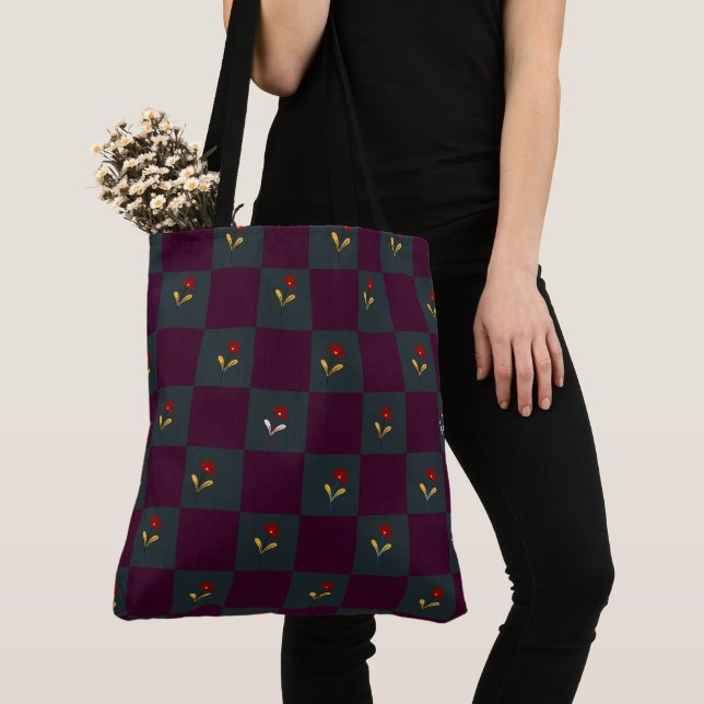 Bolso De Tela Moderno a la moda de cuadros con flor  (Detalle)