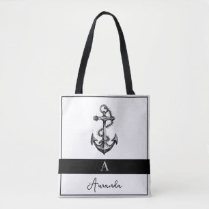 Bolso De Tela Moderno Ancla Náutica Negra y Gris Monogramada