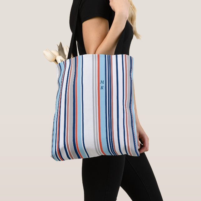 Bolso De Tela Moderno Blue White Gray Red Stripes Monograma (Detalle)