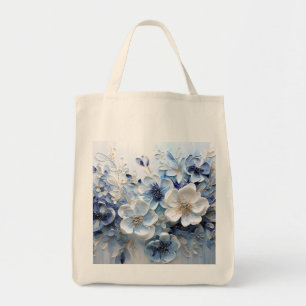 Bolso De Tela Moderno Botánico Floral Azul Blanco Elegante