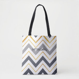 Bolso De Tela Moderno Chevron Gris y Oro Personalizado ✨ Tote Ba
