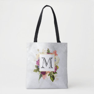 Bolso De Tela Moderno color de agua rosa Floral Bouquet Monogram