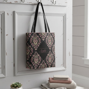 Bolso De Tela Moderno Damask Rosa Oro Y Purpurina