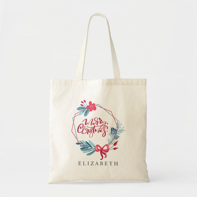 Bolso De Tela Moderno marco geométrico rojo azul Feliz Navidad (Frente)