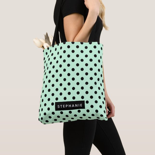Bolso De Tela Moderno Punto de Polka Negro Verde Mint Personaliz (Detalle)