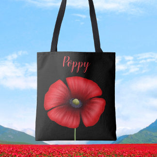 Bolso De Tela Moderno Red Poppy Name Black Floral Tote Bag