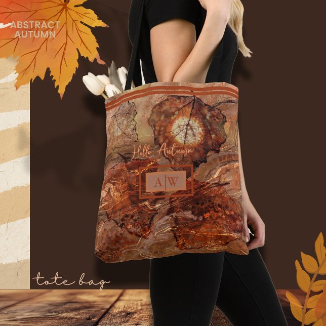 Bolso De Tela Moderno Resumen Arte Otoño Rústico Marrón Monogram (Modern Abstract Art Autumn Rustic Brown Monogram Tote Bag)