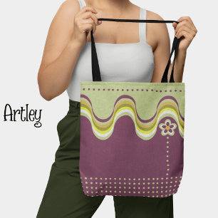 Bolso De Tela Moderno Retro Morado Verde Groovy Geométrico Flora