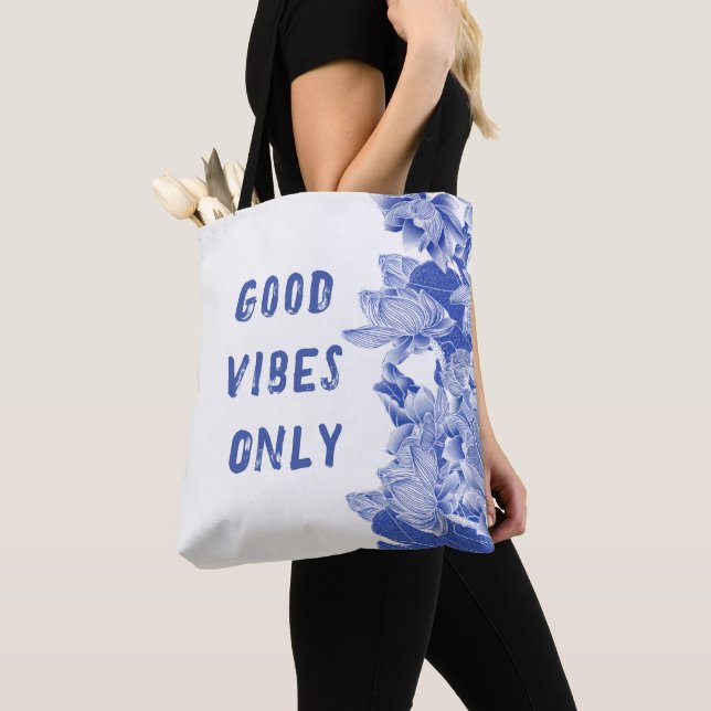 Bolso De Tela Moderno Tote Retro Azul Lotus Mandala Buena Vibes (Detalle)