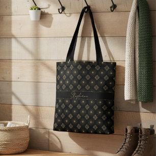 Bolso De Tela Moderno Y Elegante Nombre De Monograma Negro Y Oro
