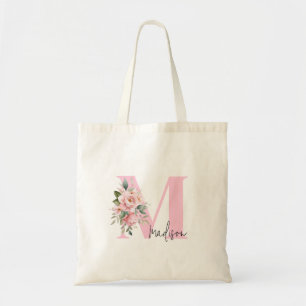 Bolso De Tela Moderno y elegante nombre inicial Monograma de flo