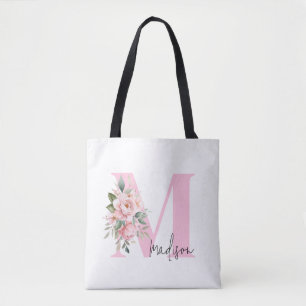 Bolso De Tela Moderno y elegante nombre inicial Monograma de flo