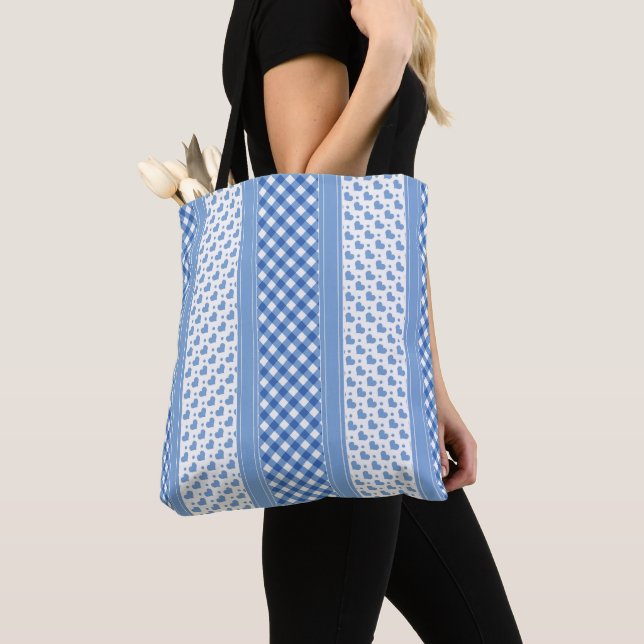 Bolso De Tela Modernos corazones de moda azules y blancos (Detalle)
