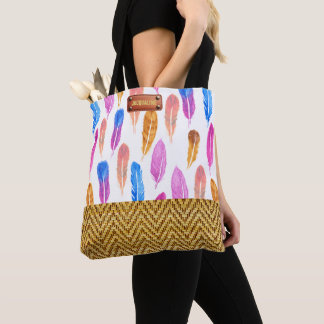 Bolso De Tela Modesto estilo de plumas de color acuático en mimb