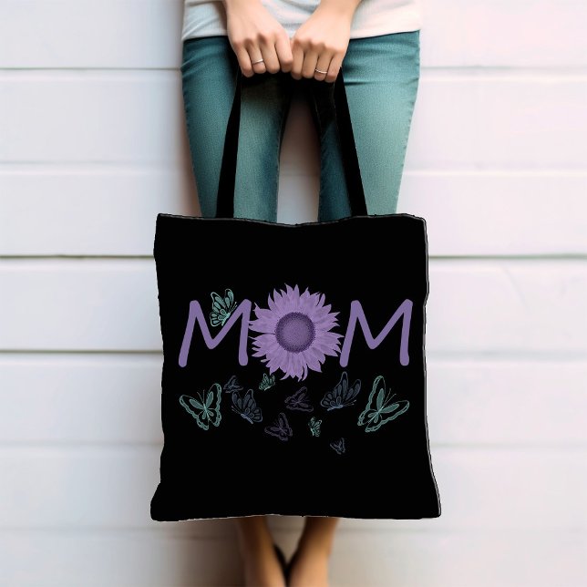 Bolso De Tela MOM de girasol morado | Tote de mariposas acuática (Subido por el creador)