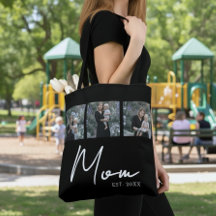 Mom Established Black Modern Script Photo Tote Bag