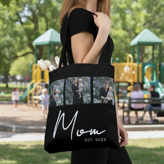 Bolso De Tela Mom Established Black Modern Script Photo Tote Bag (Subido por el creador)