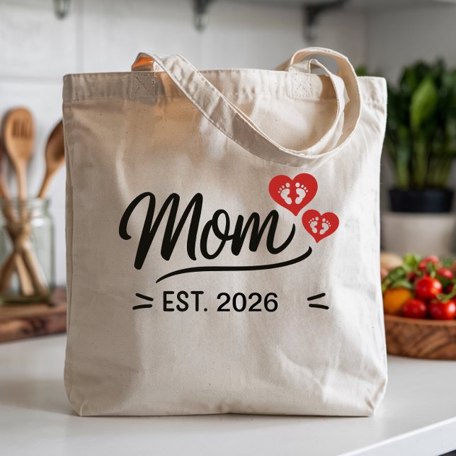 Bolso De Tela Mom Established Mothers Day Name Year Script Heart (new mom established script tote bags simple minimal script font mother mama mum script modern mother)