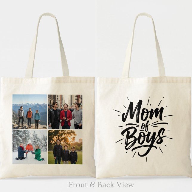 Bolso De Tela Mom of Boys Brush Script Four Photo Grid (Subido por el creador)