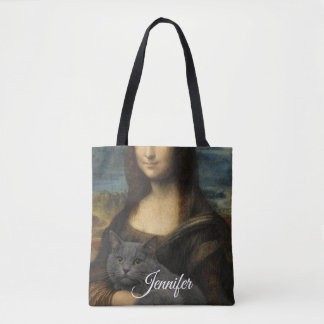 Bolso De Tela Mona Lisa Holding Elegant Gray Cat                