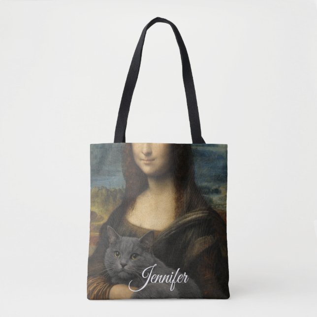 Bolso De Tela Mona Lisa Holding Elegant Gray Cat                 (Anverso)