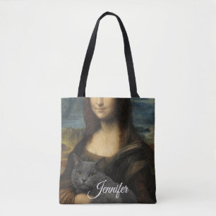 Bolso De Tela Mona Lisa sosteniendo un gato gris elegante