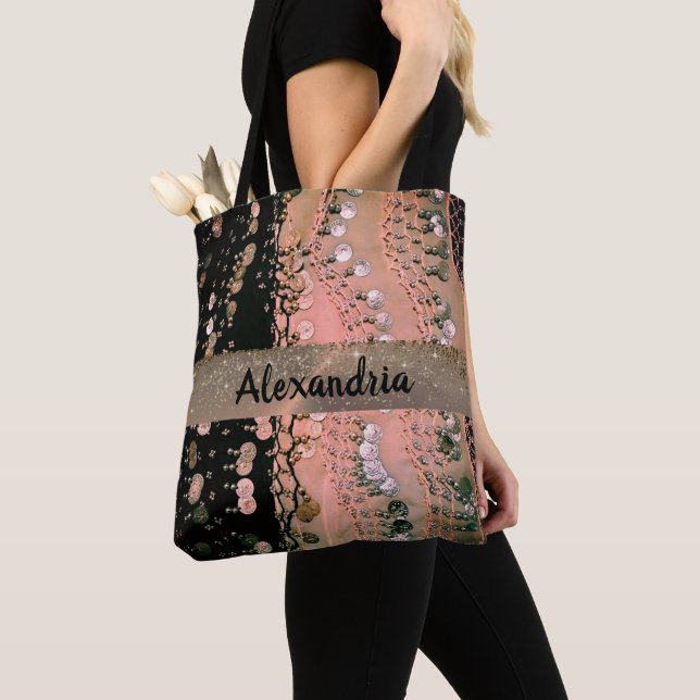 Bolso De Tela Monedas de coral rosa y Purpurina negro personaliz (Detalle)