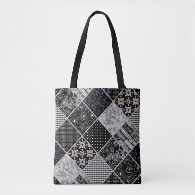 Bolso De Tela Monocasco de mosaico sin foco blanco gris negro (Anverso)