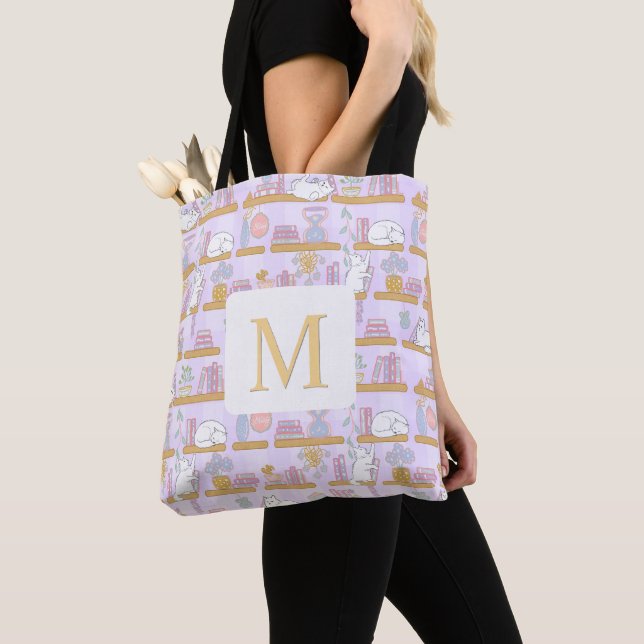 Bolso De Tela Monogram Cats Library Book Tote Bag Girly Purple (Detalle)
