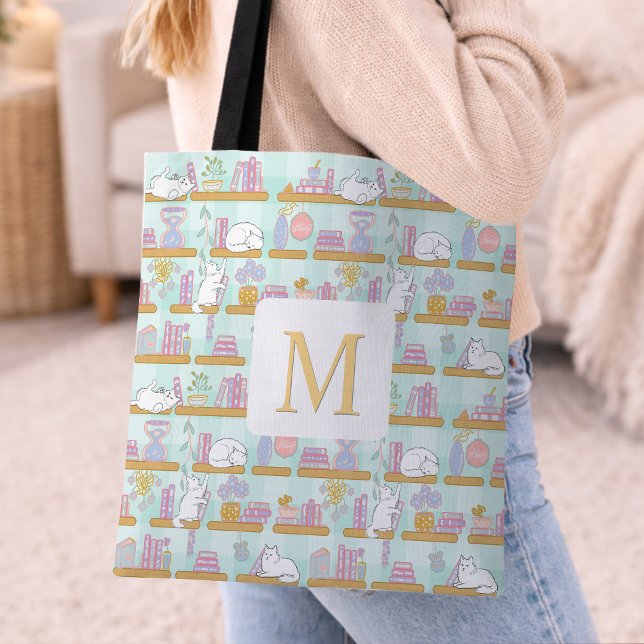 Bolso De Tela Monogram Cats Library Tote Bag Girly Mint Green (Subido por el creador)