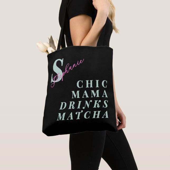 Bolso De Tela Monogram Funny Mama Matcha Green Tea Saying Black  (Detalle)