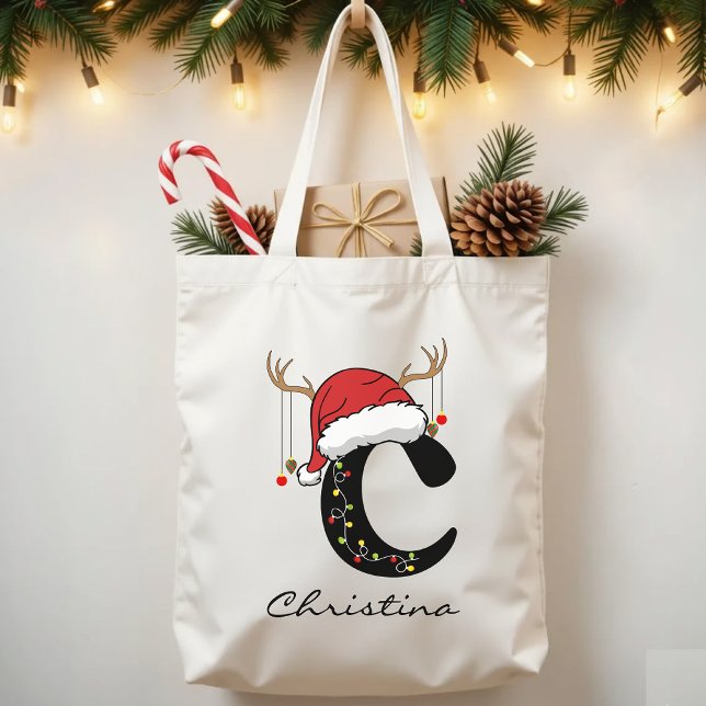 Bolso De Tela Monogram Holiday Bag for Bulk Christmas Gifts (Santa Claus tote, personalized Christmas gift, family holiday tote, Christmas initial tote,)