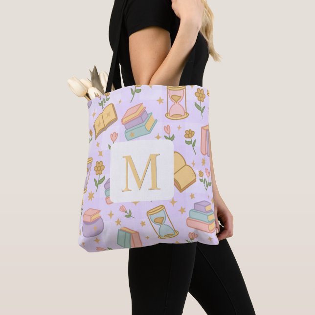 Bolso De Tela Monogram Magic Books Tote Bag Girly Purple (Detalle)