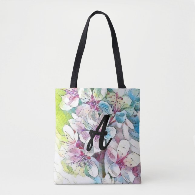 Bolso De Tela Monogram Modern Pink Cherry Blossom Watercolor   (Anverso)