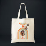 Bolso De Tela Monogram Name Boho Arch Multi Photo Trendy Girl<br><div class="desc">Monogram Name Boho Arch Multi Photo Trendy Girly Mid Century Tote Bag features a photo collage of three of your favorite photos on a bohemian arch in orange and blue on a white background with your personalized name and monogram in a modern orange script. Personalize by editing the text in...</div>