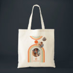 Bolso De Tela Monogram Name Boho Arch Multi Photo Trendy Girl<br><div class="desc">Monogram Name Boho Arch Multi Photo Trendy Girly Mid Century Tote Bag features a photo collage of three of your favorite photos on a bohemian arch in orange and blue on a white background with your personalized name and monogram in a modern orange script. Personalize by editing the text in...</div>
