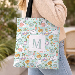 Bolso De Tela Monogram Tea & Bookish Cats  Tote Bag Mint Green