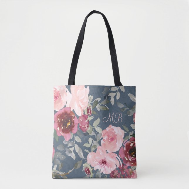 Bolso De Tela Monograma acuarela rosa Borgoña moderna floral (Anverso)