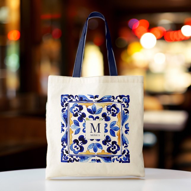 Bolso De Tela Monograma Amalfi Vietri Regalos de azulejos azules (Monogram Amalfi Vietri Italian blue tiles bridesmaid gifts personalized Tote Bag bridal party favors)