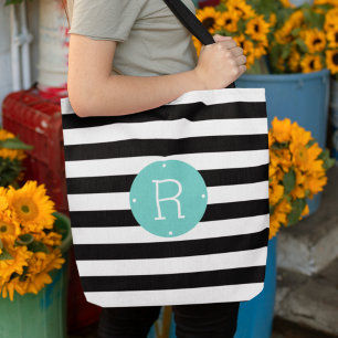 Bolso De Tela Monograma Aqua de franja blanca y negra